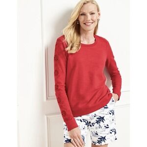 Talbots Women's Size Small Red Embroidered Sleeves Crewneck Sweatshirt Top NWT